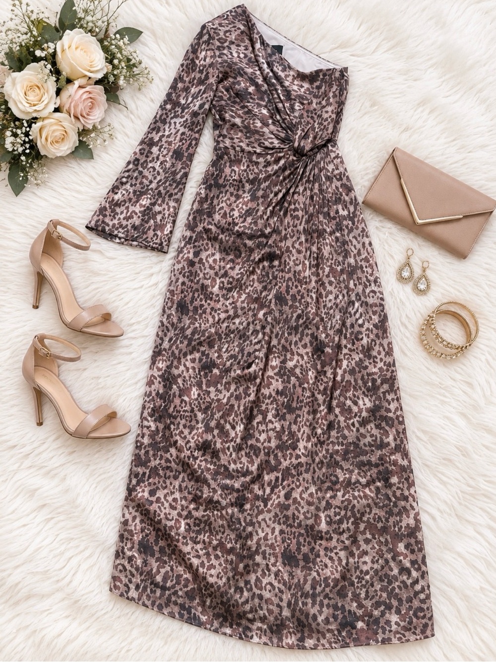 Senna Leopard Print One Shoulder Ruched Maxi Dress Cocktail Wedding Guest